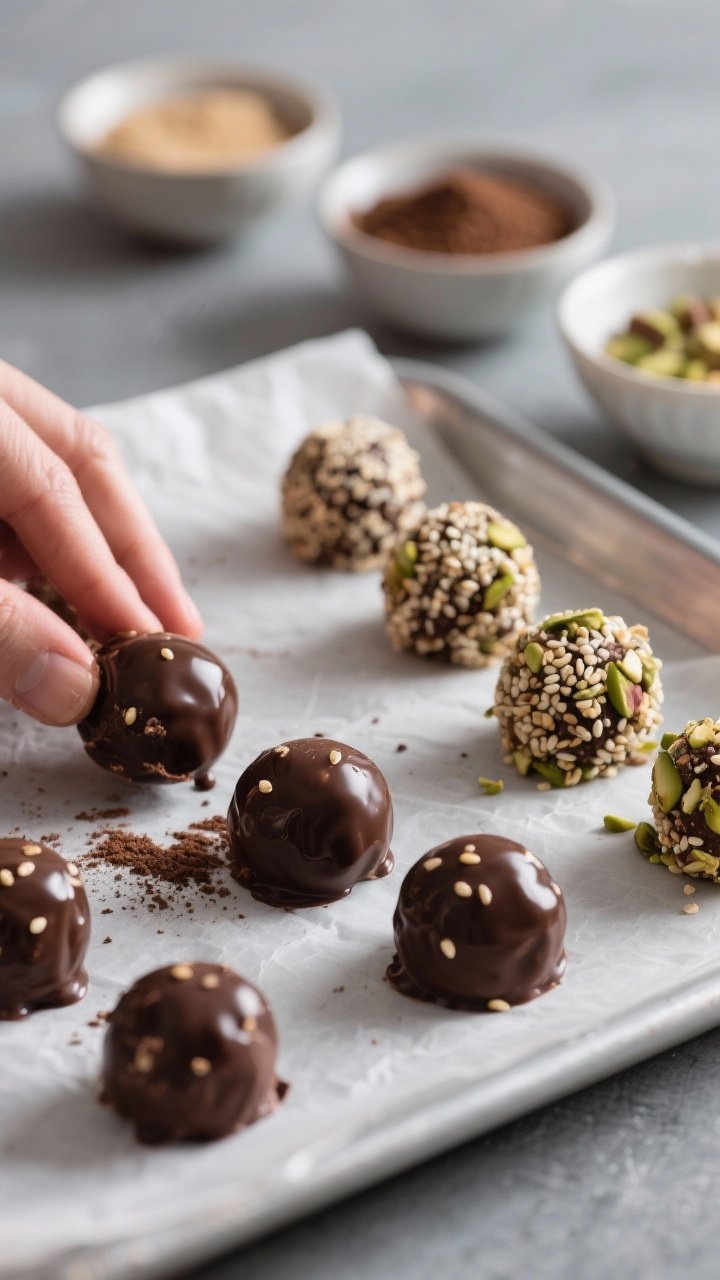 Close-up detail of no-bake chocolate tahini truffles being rolled and coated: a parchment-lined tray