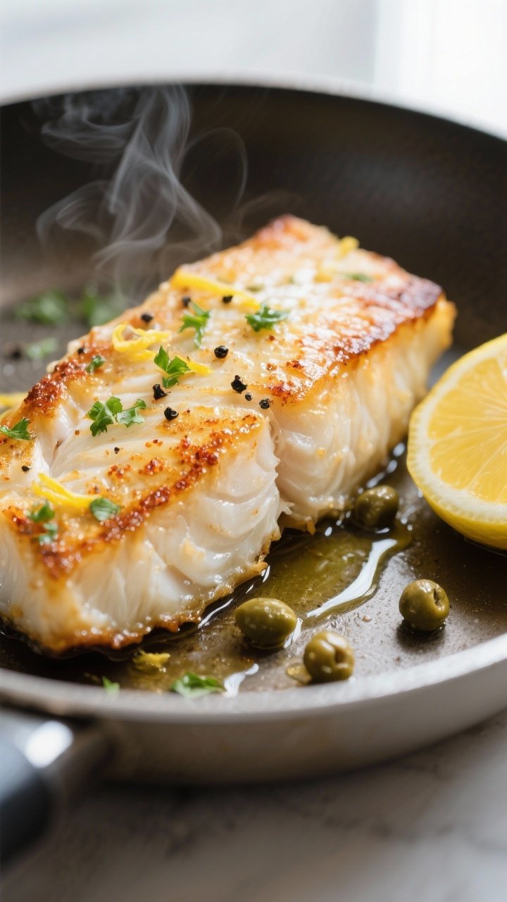 Close-up detail of pan-seared cod just after cooking: golden, lightly crisped edges with visible opa
