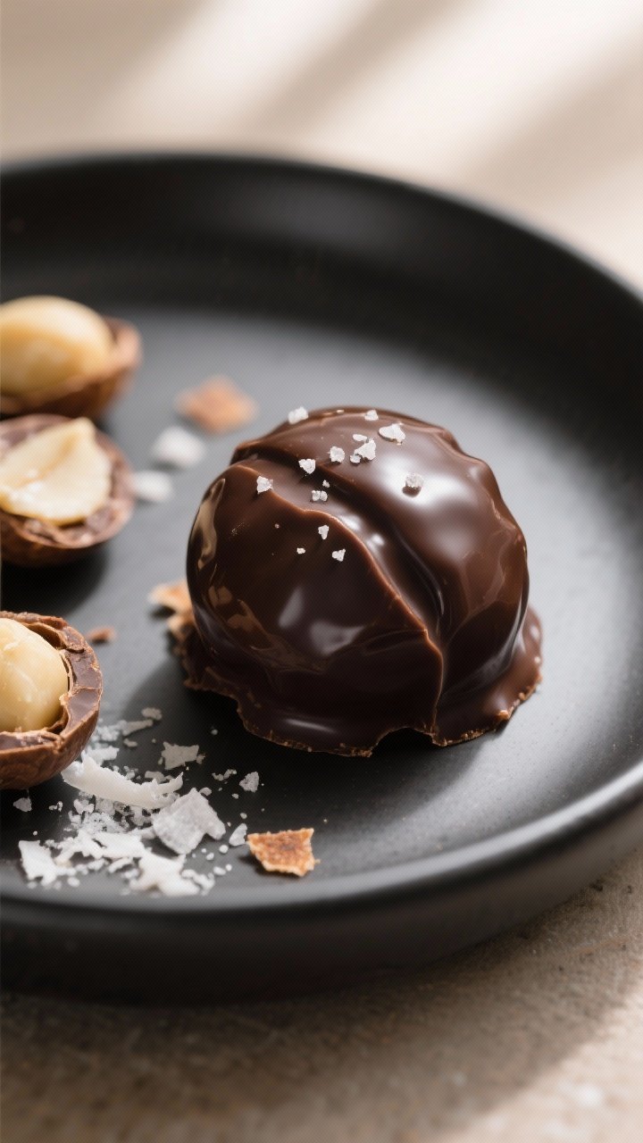 Close-up detail of single-bite keto chocolate-covered macadamias plated in a matte black shallow bow