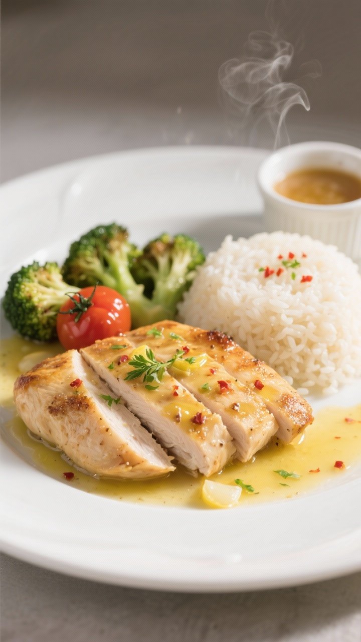 Close-up detail of sliced juicy chicken breast on a white ceramic plate, draped with glossy garlic b