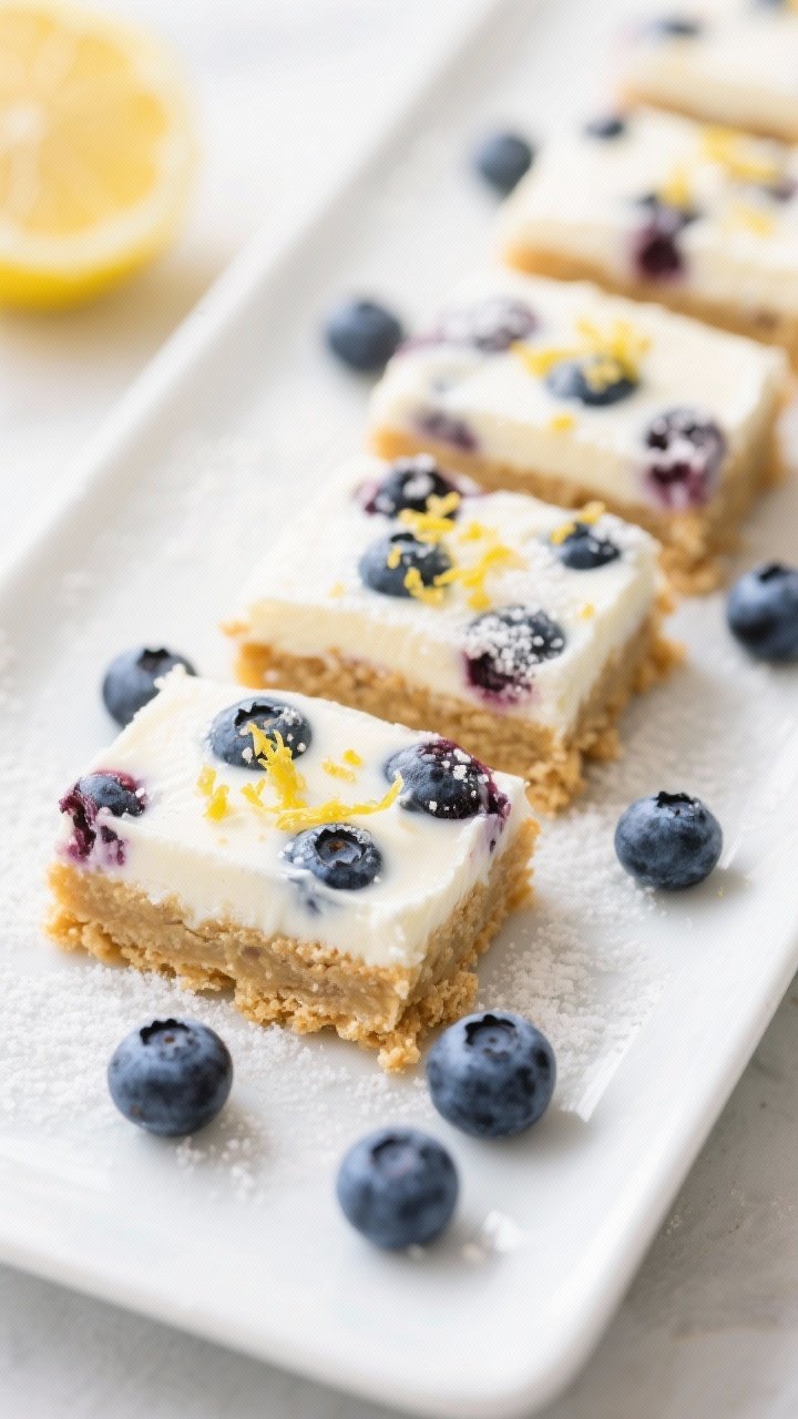 Close-up detail of sliced Keto Lemon Blueberry Yogurt Bars on a white rectangular plate, neat square