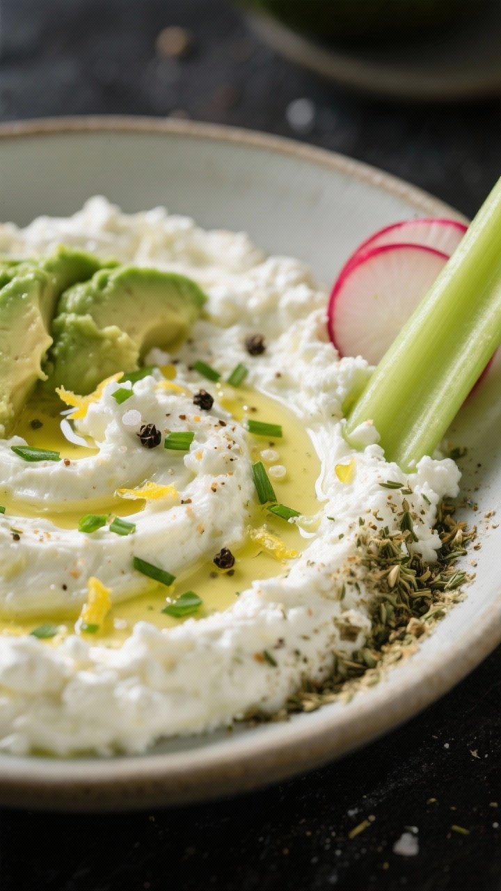 Close-up detail of the “creamy boost” variation in process: cottage cheese mixed with mashed avo