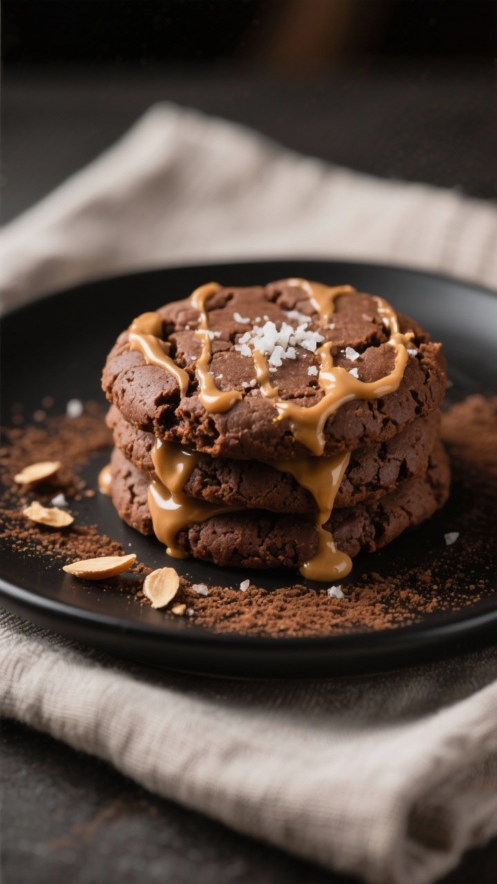 Close-up detail of the final plated cookies stacked on a matte black dessert plate, rich cocoa-brown