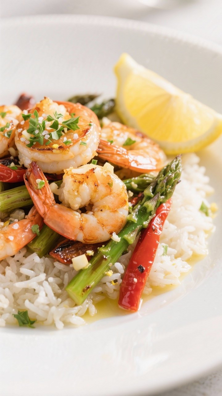 Close-up detail of the final plated dish: lemon garlic shrimp piled over fluffy white rice with roas