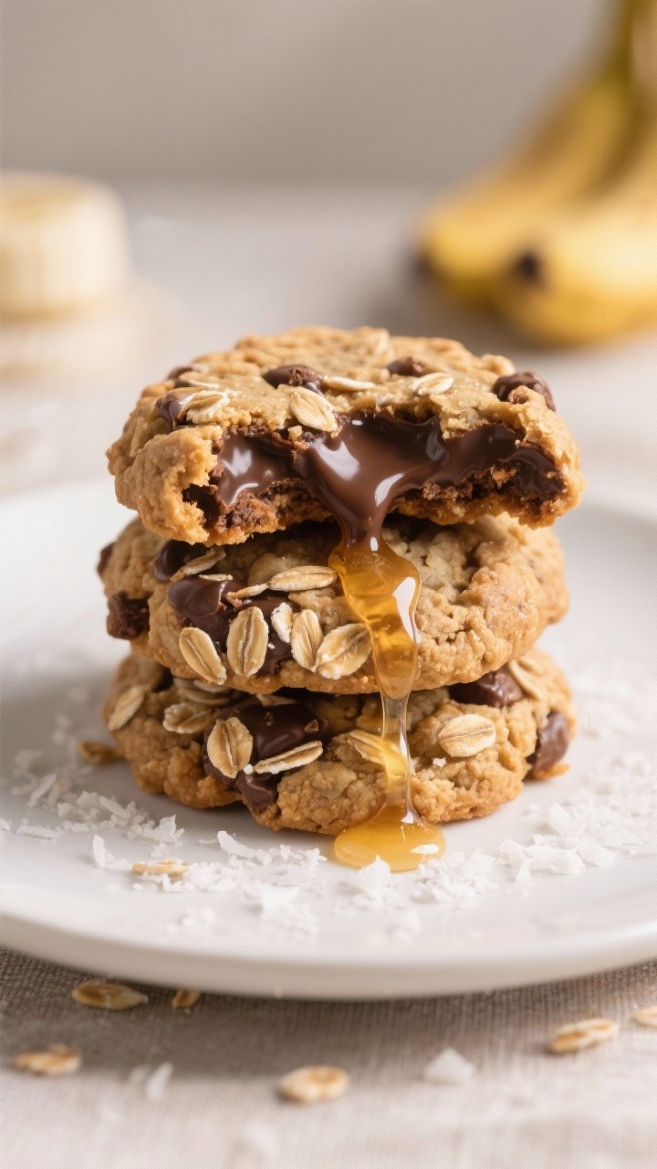 Close-up detail of the final plated no-bake banana oat cookies stacked on a matte white dessert plat