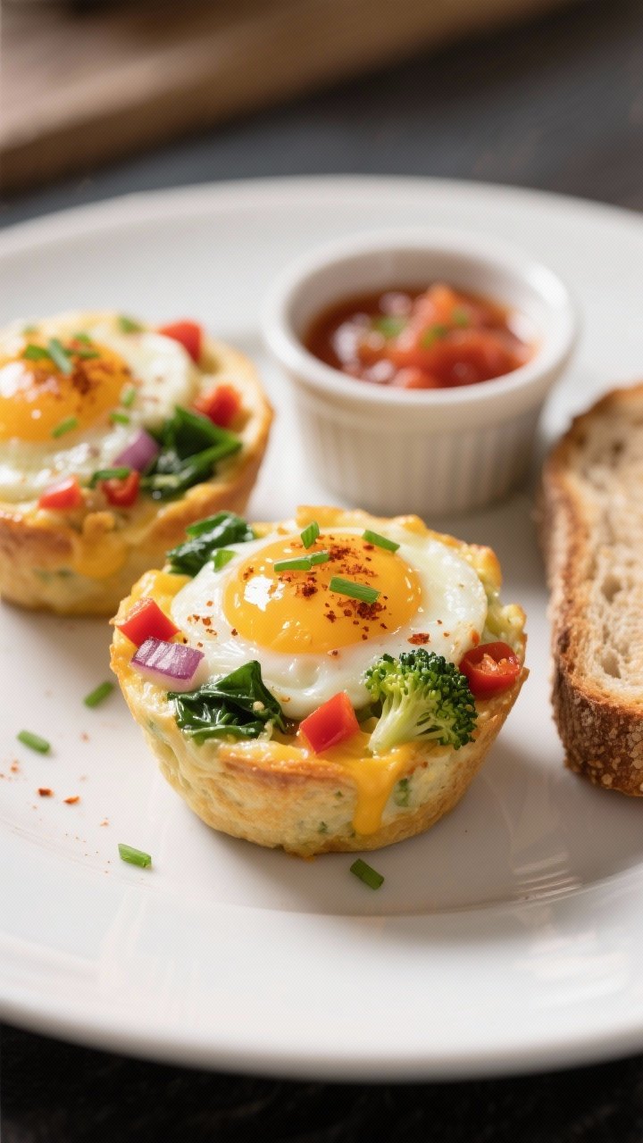 Close-up detail of two halved egg muffins on a matte white plate, showing a moist, custardy interior