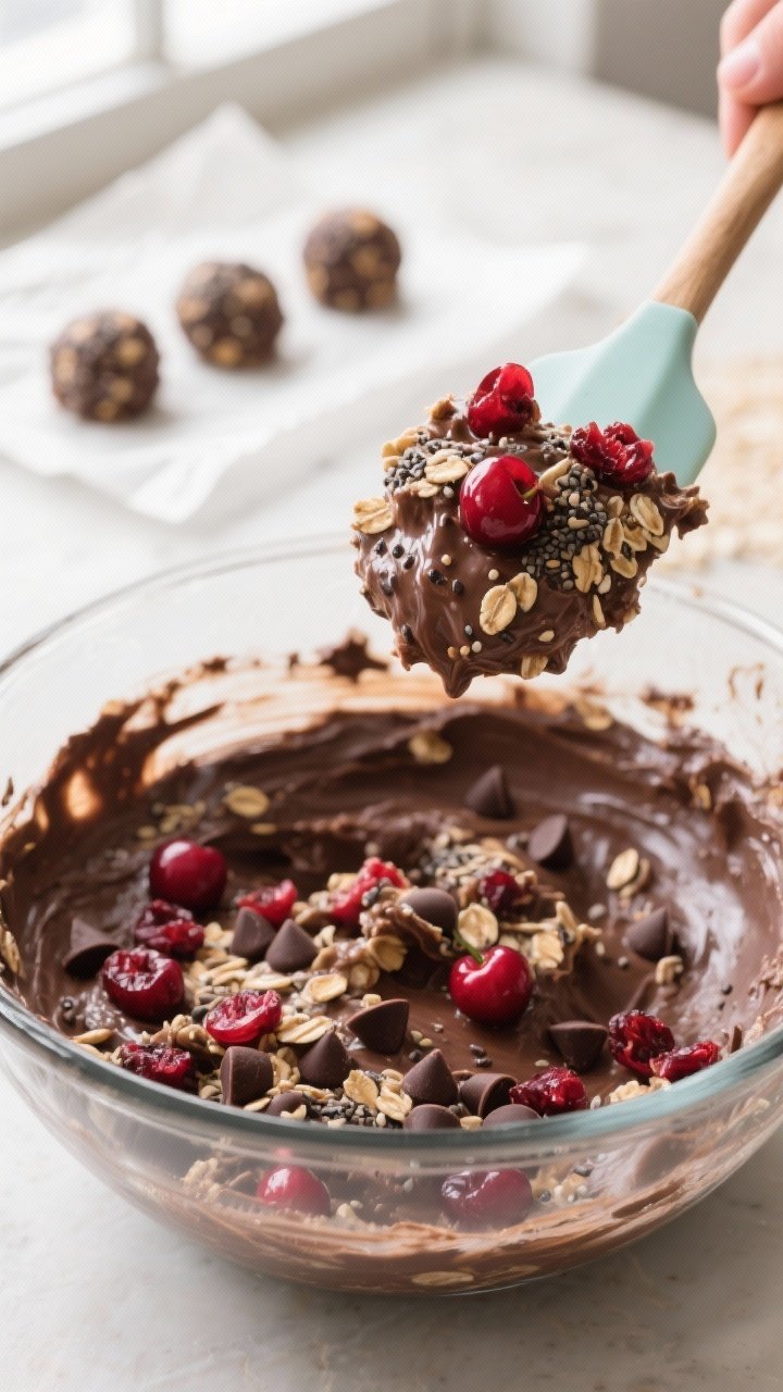 Close-up detail, process shot: A chilled mixing bowl filled with the just-combined no-bake cherry ch