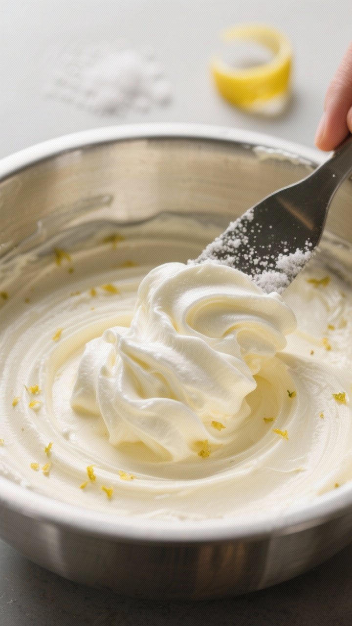 Close-up detail/process shot: A glossy, ultra-creamy ribbon of lemon cheesecake fluff being gently f