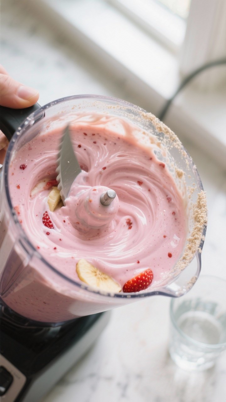 Close-up detail, process shot: A high-speed blender mid-blend showing a creamy strawberry banana pro
