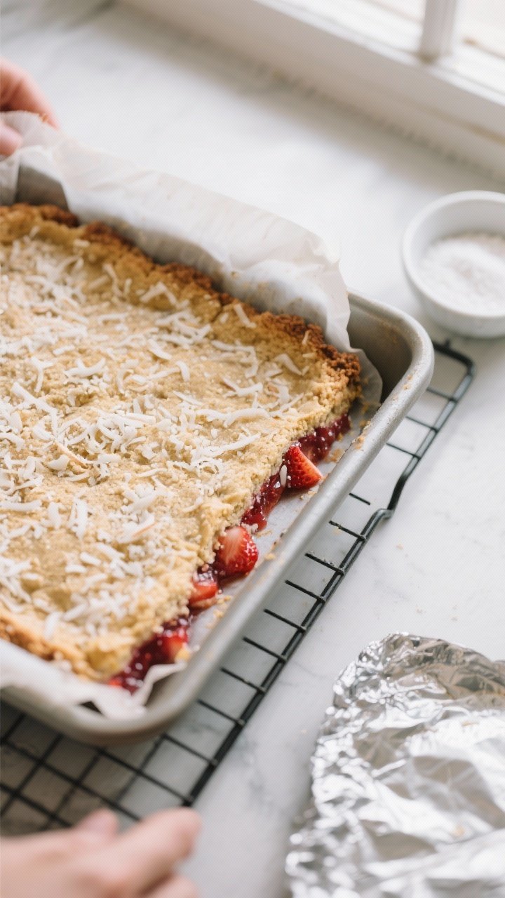 Close-up detail/process shot: A just-baked pan of Keto Strawberry Coconut Bars cooling on a wire rac