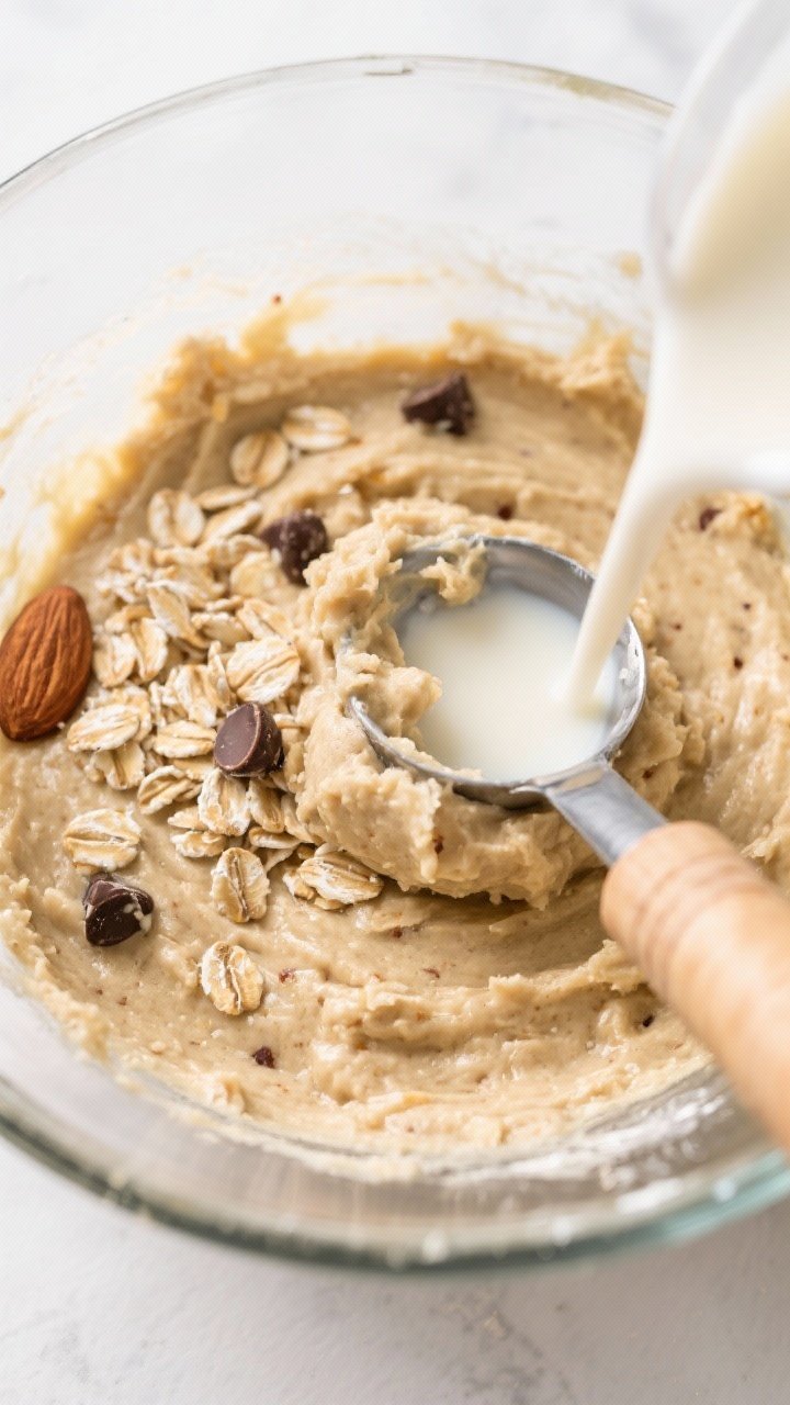 Close-up detail, process shot: A medium glass bowl of no-bake vanilla almond protein dough just comi