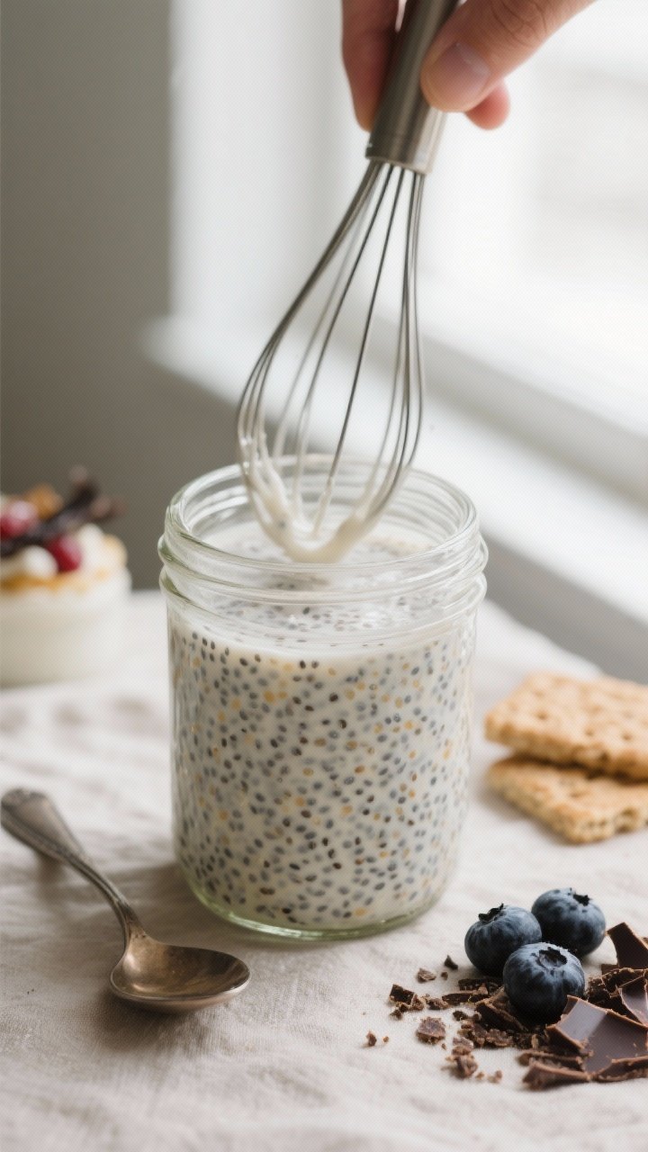Close-up detail, process shot: A medium glass jar of freshly mixed vanilla chia pudding after the se