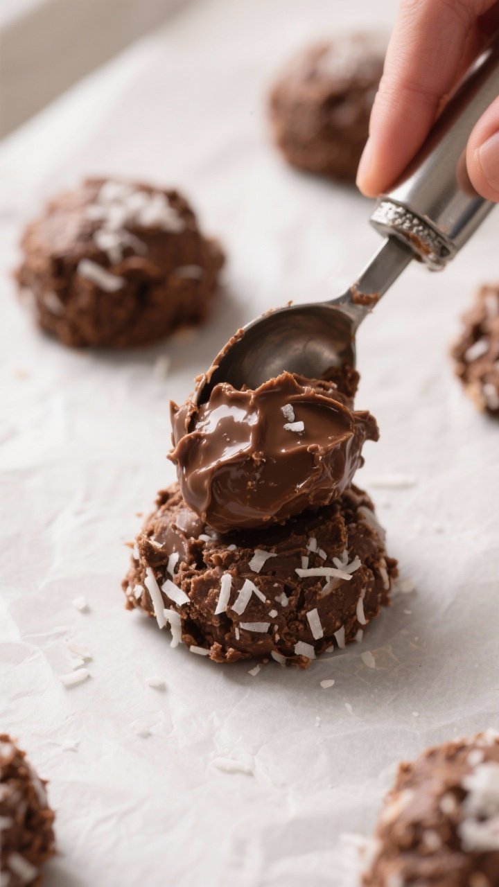 Close-up detail, process shot: A mound of freshly scooped no-bake chocolate coconut macaroon mixture