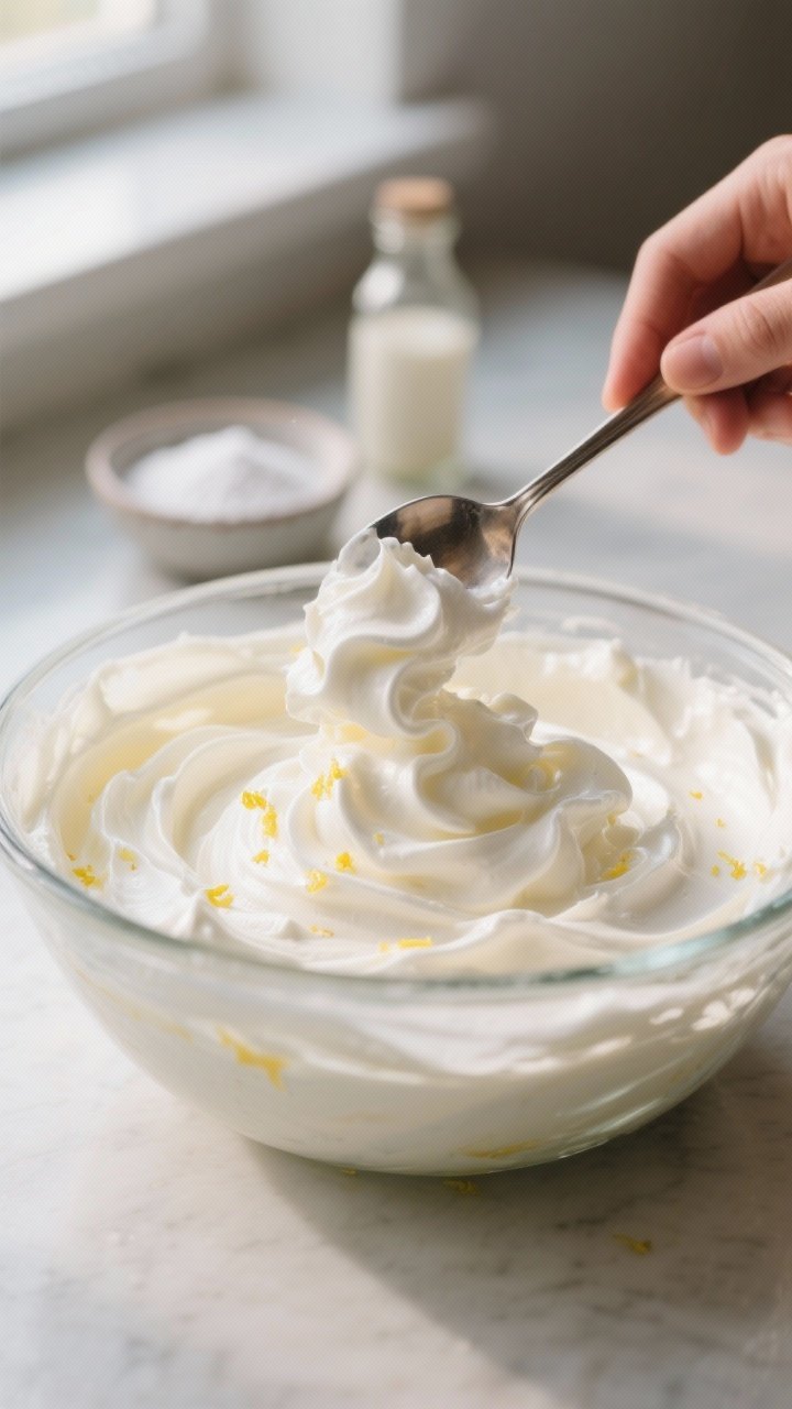 Close-up detail/process shot: A spoon gently folding pillowy whipped cream into a smooth, tangy crea