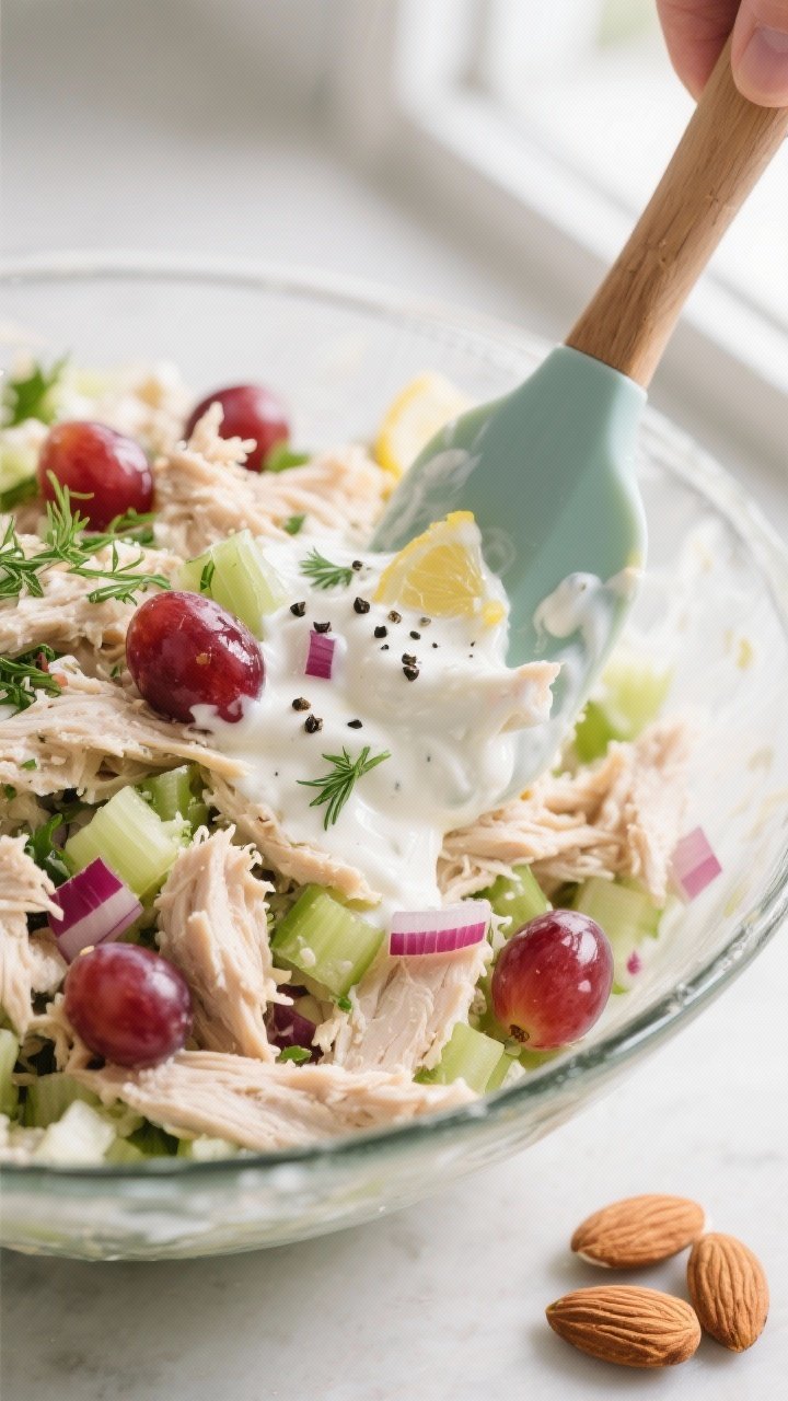 Close-up detail/process shot: Greek yogurt chicken salad being gently folded together in a wide glas
