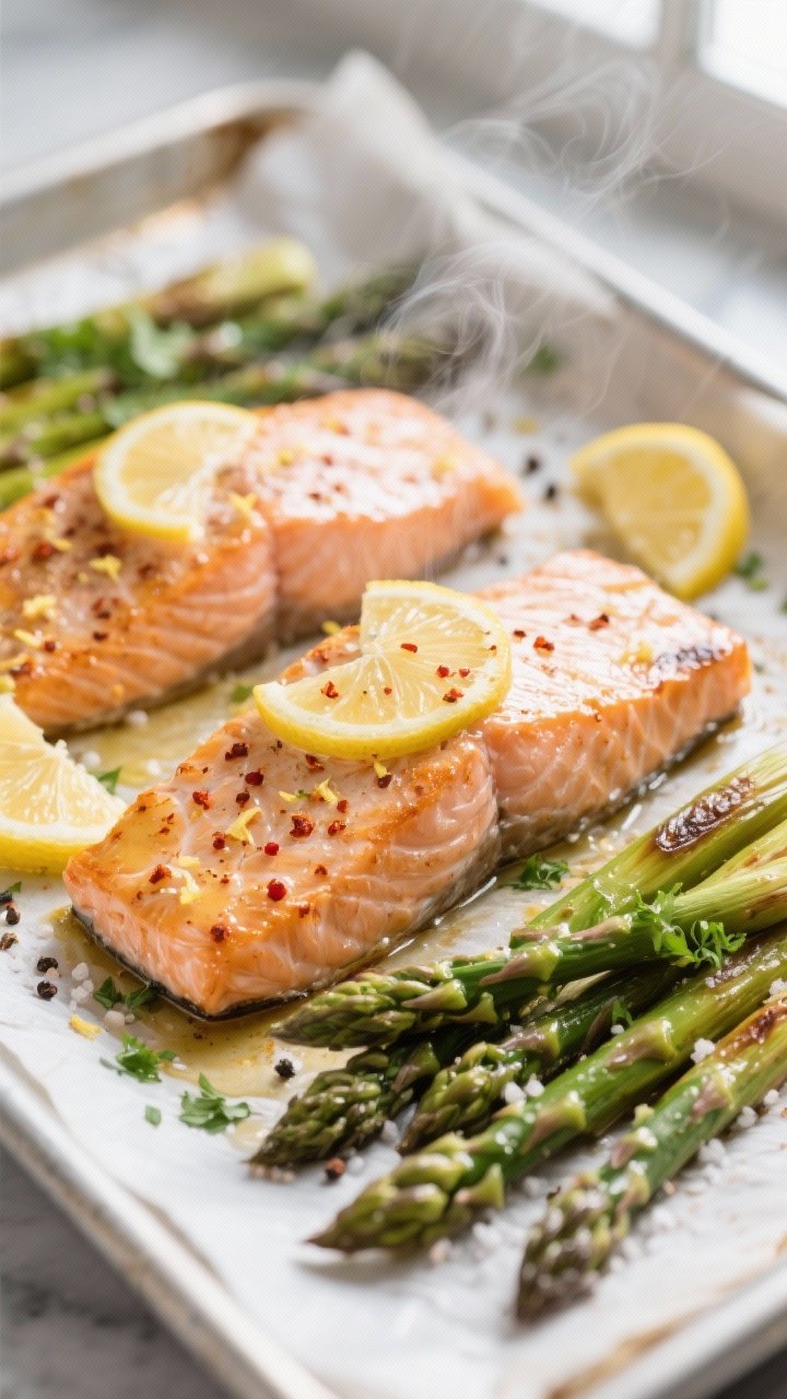 Close-up detail/process shot: Salmon fillets and asparagus just out of the oven on a parchment-lined