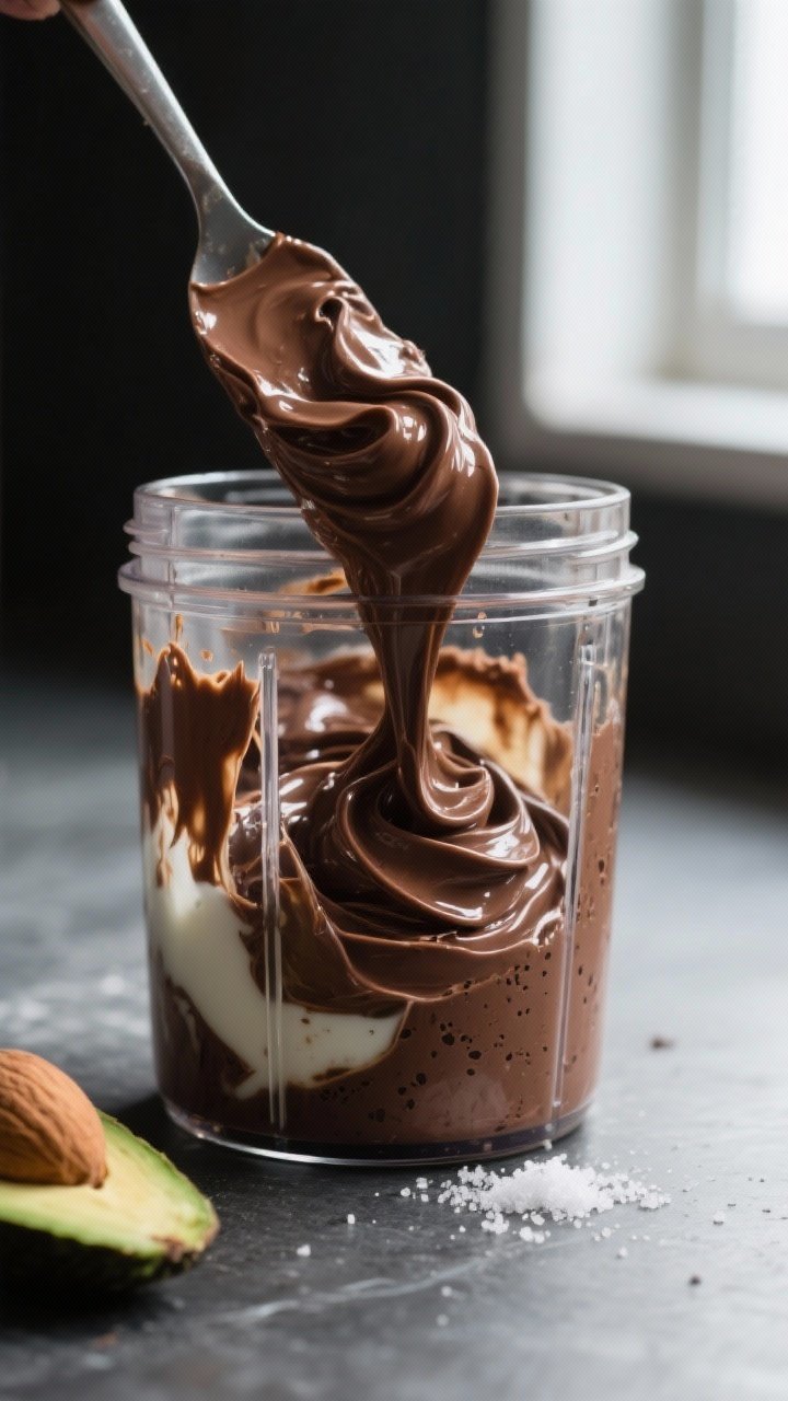 Close-up detail, process shot: Thick, silky chocolate avocado mousse mid-blend in a glass blender ja