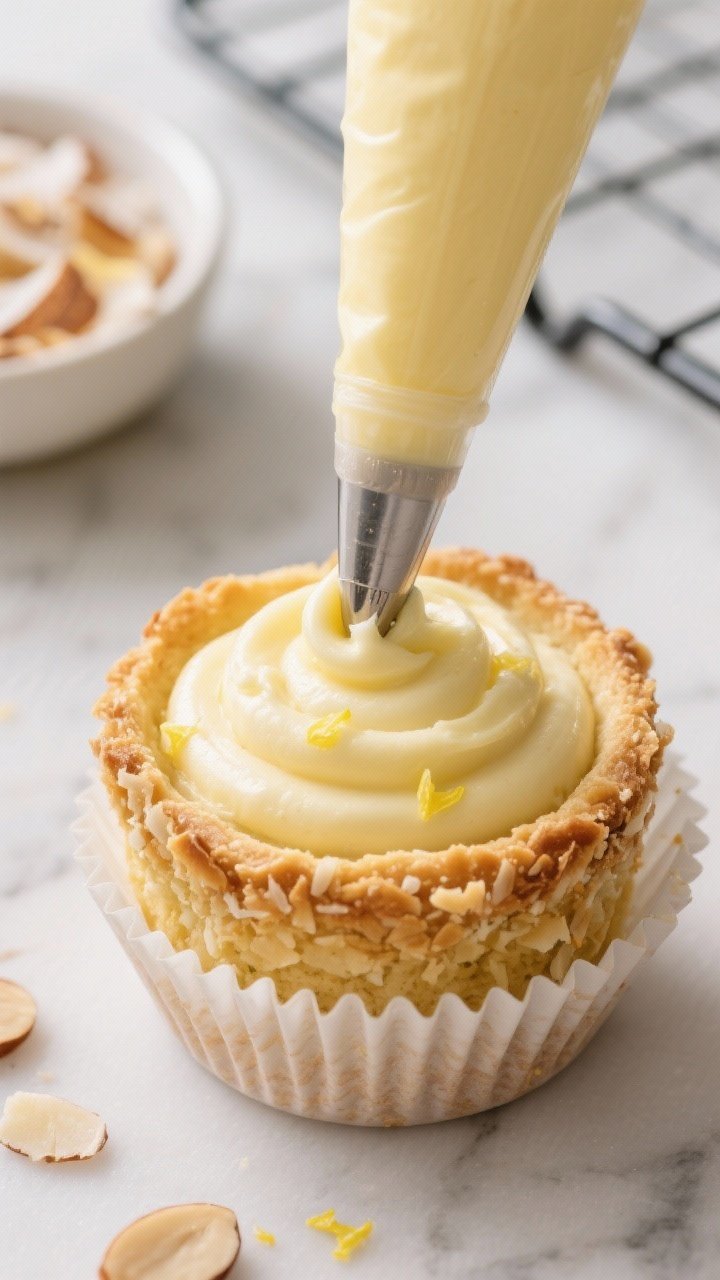 Close-up detail shot: A baked, golden-edged coconut–almond crust pressed into silicone muffin line