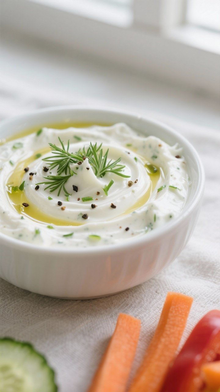 Close-up detail shot: a creamy Greek yogurt and cucumber dip just after chilling, swirled in a small