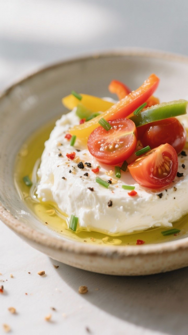 Close-up detail shot: A creamy scoop of seasoned cottage cheese in a small ceramic bowl, olive oil g