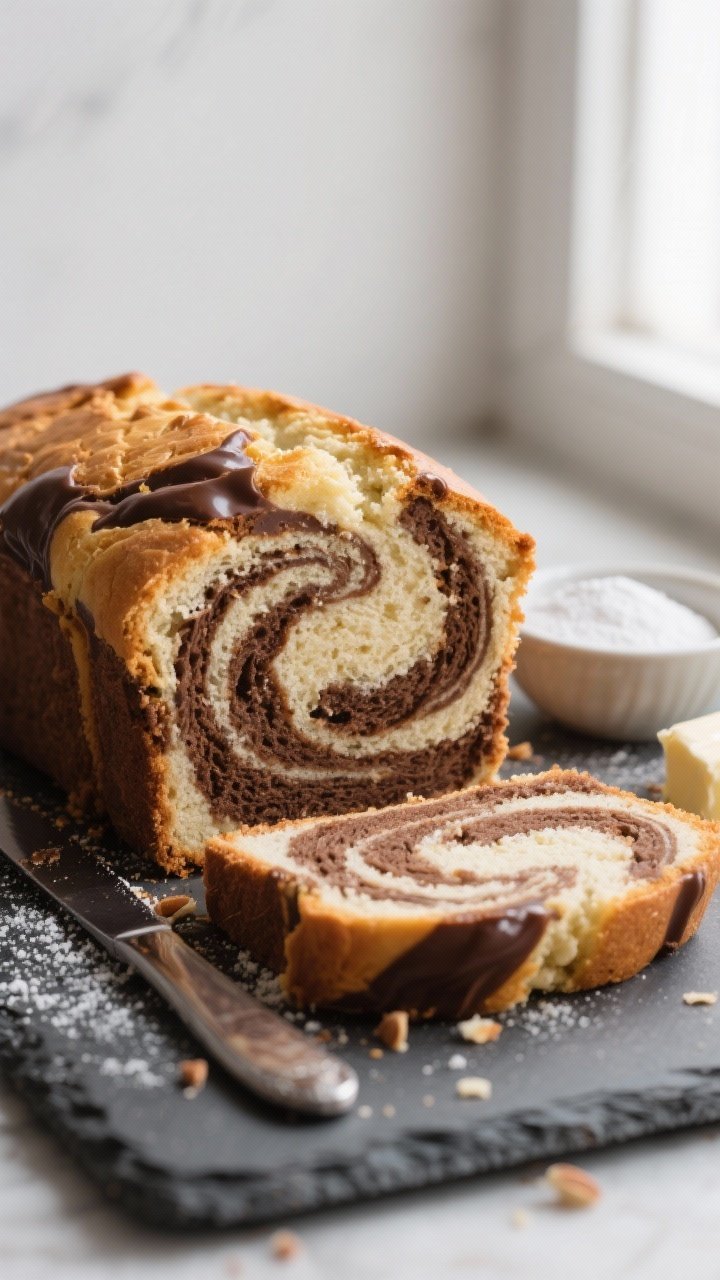 Close-up detail shot: A freshly baked keto vanilla chocolate marble loaf sliced to reveal dramatic s