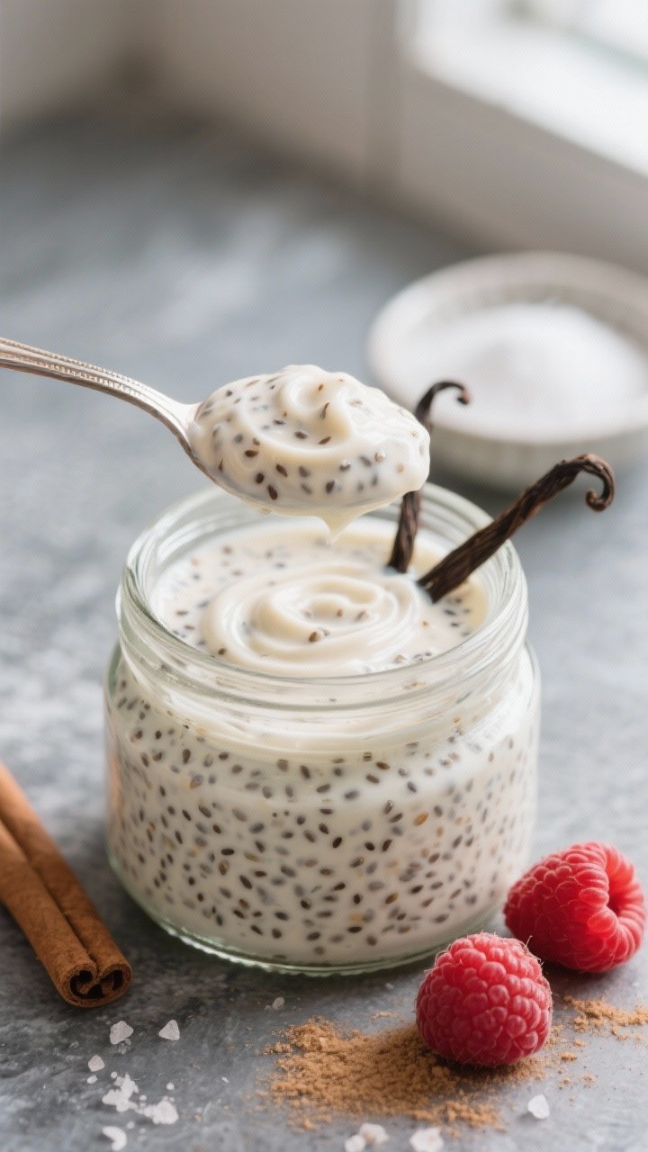 Close-up detail shot: A glass jar of keto vanilla chia pudding just after chilling, creamy and spoon