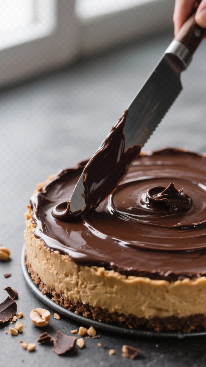 Close-up detail shot: A glossy layer of sugar-free dark chocolate ganache being spread over a fully 