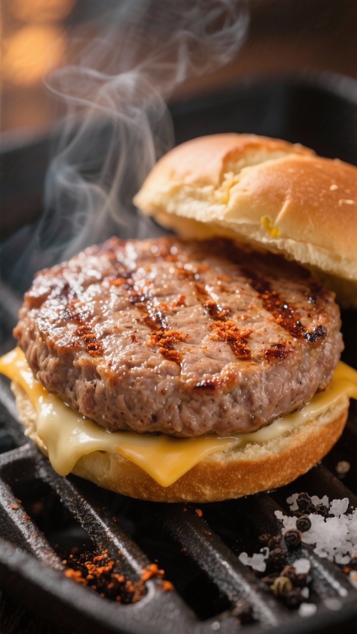 Close-up detail shot: A juicy grilled turkey burger patty just off the grill, glistening with natura