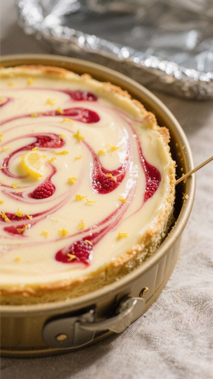 Close-up detail shot: A just-baked keto lemon raspberry swirl cheesecake still in the 9-inch springf