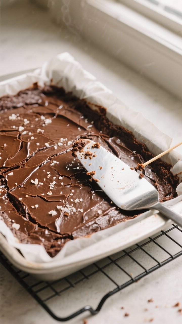 Close-up detail shot: A just-baked pan of keto brownies cooling on a wire rack, parchment overhang v