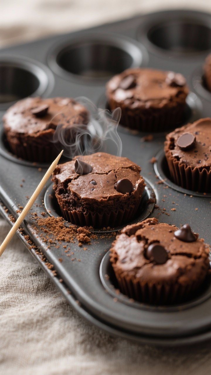 Close-up detail shot: A just-baked tray of keto espresso brownie bites cooling in a mini muffin pan,