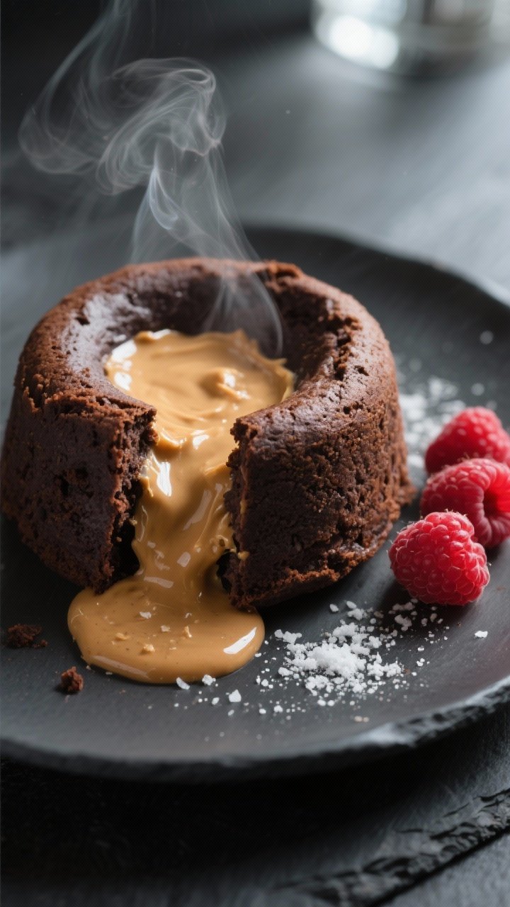 Close-up detail shot: A just-unmolded Keto Chocolate Peanut Butter Lava Cake split open so the molte