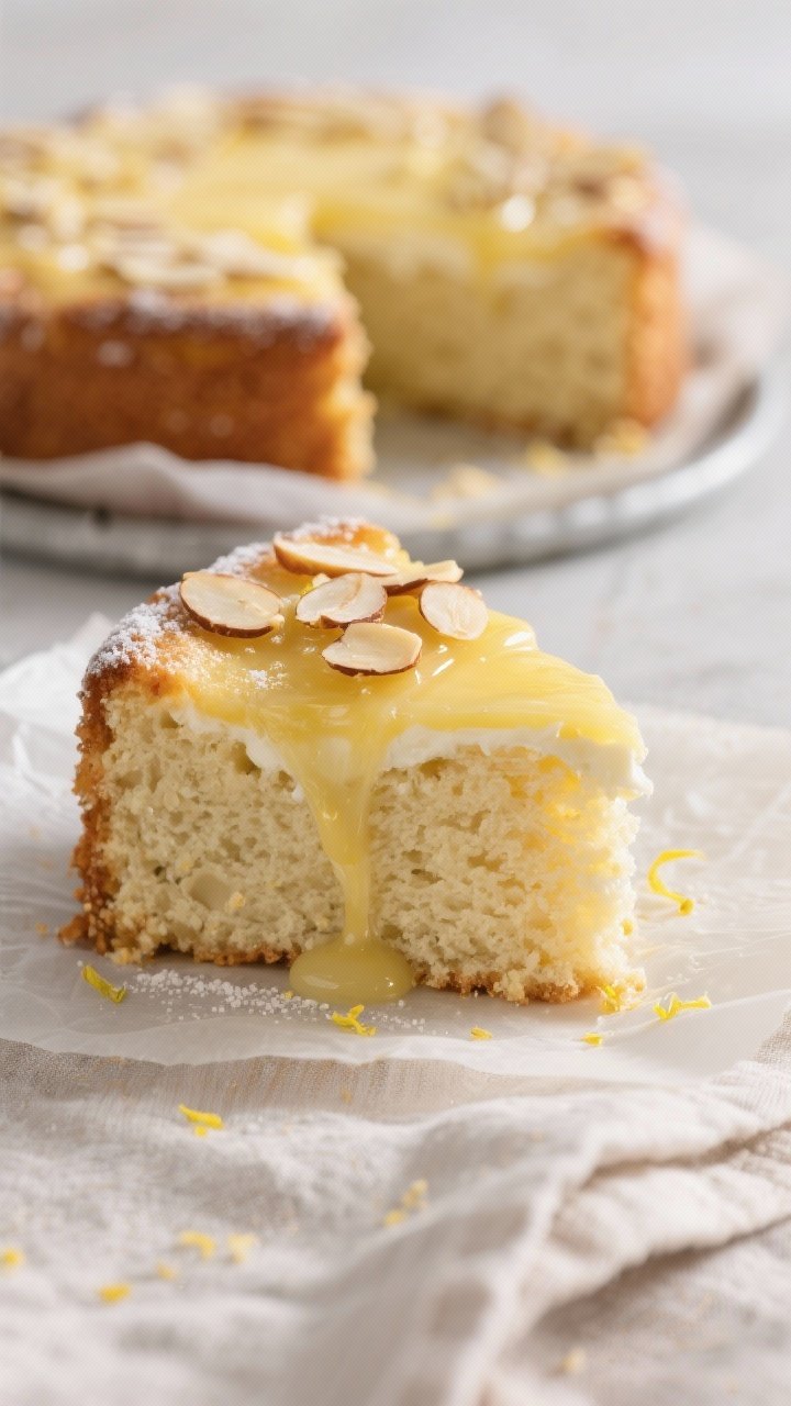 Close-up detail shot: A slice of keto lemon almond ricotta cake just cut from the cooled cake, showi