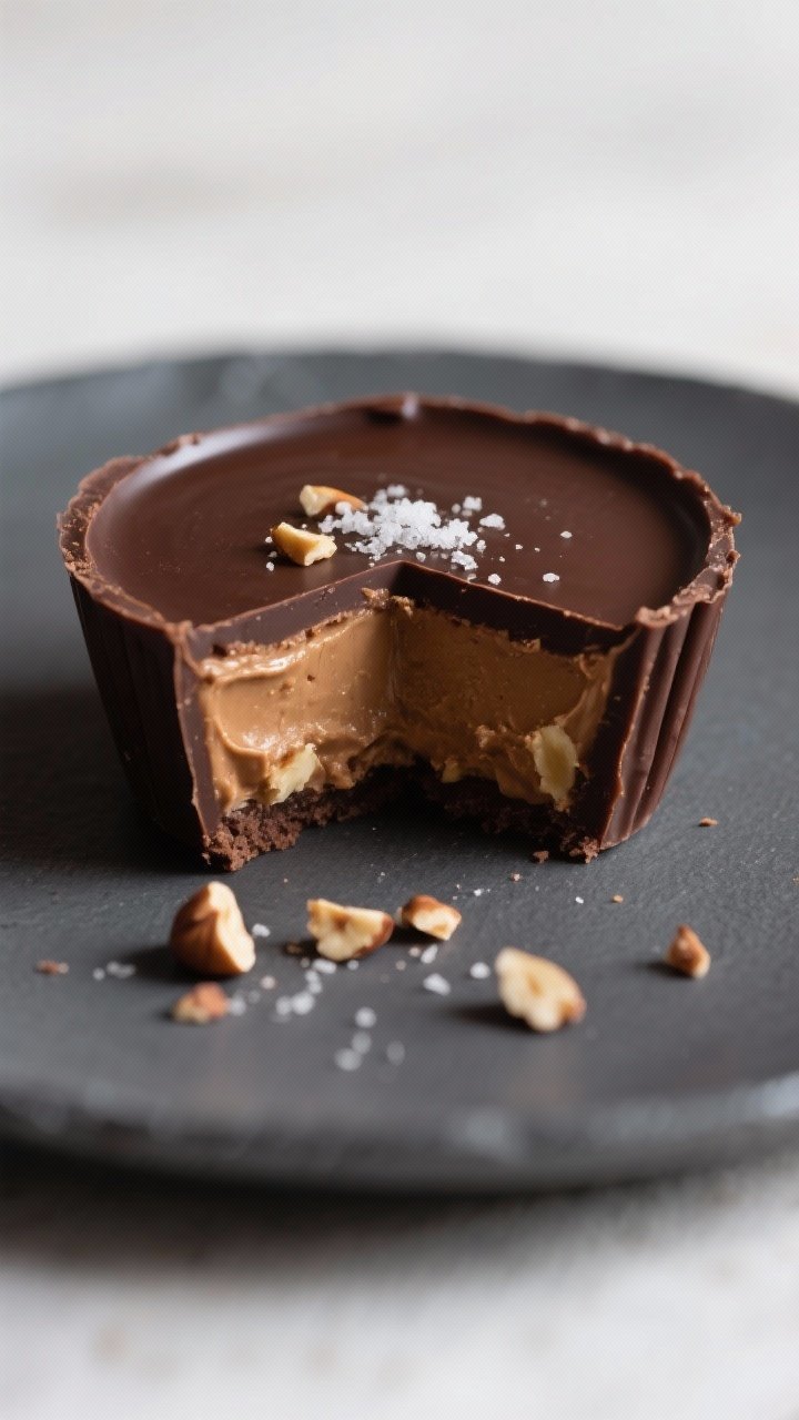 Close-up detail shot: A sliced Keto Chocolate Hazelnut Spread Cup revealing the glossy dark chocolat