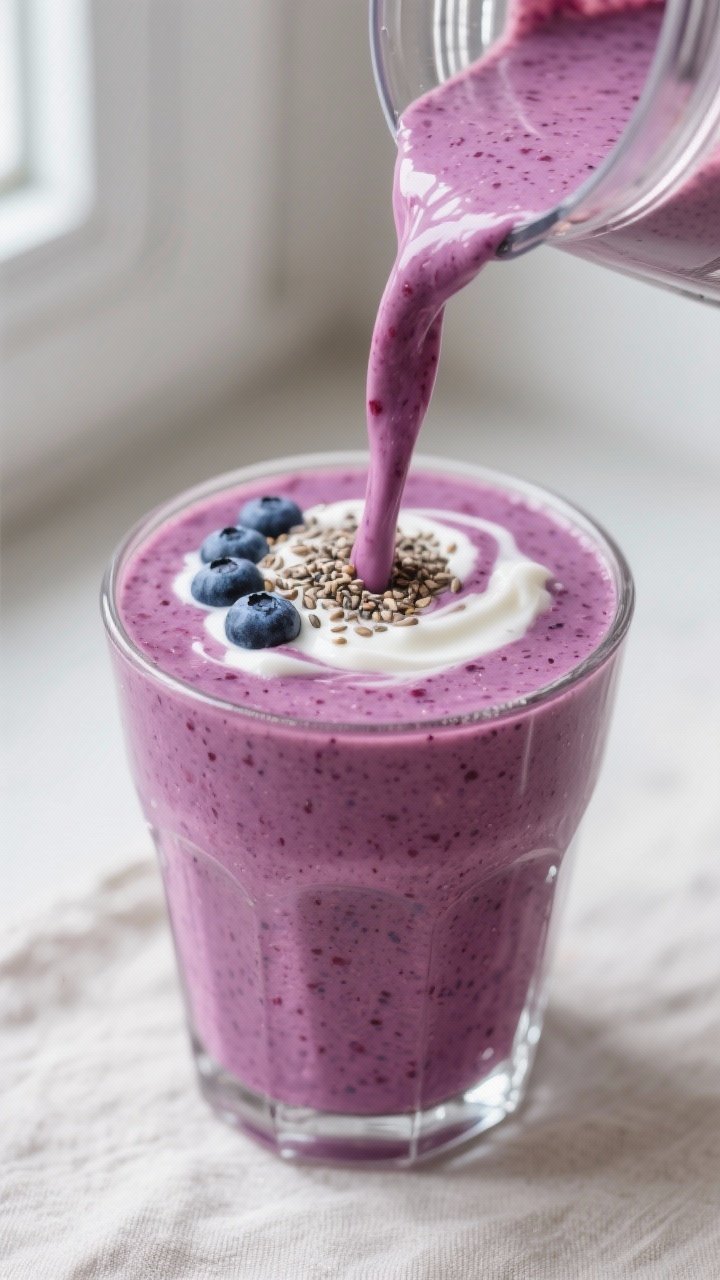 Close-up detail shot: A thick, freshly blended berry protein smoothie being poured in a silky ribbon