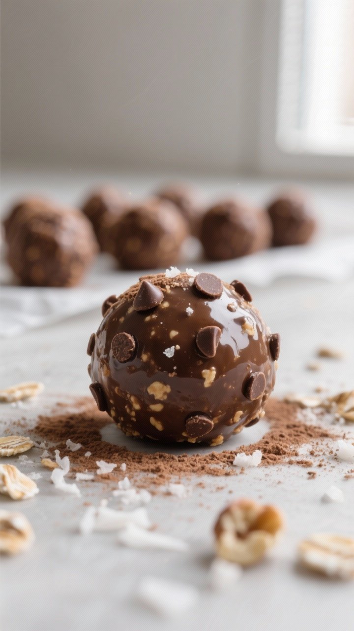 Close-up detail shot: A tight macro of a freshly rolled No-Bake Mocha Protein Ball, its glossy surfa