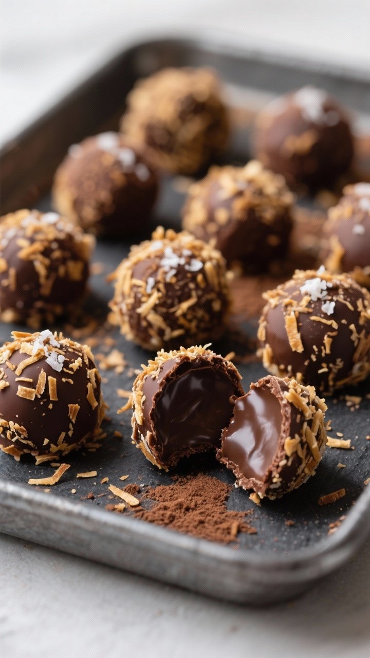 Close-up detail shot: A tray of finished keto chocolate coconut truffles, each 1-inch sphere rolled 