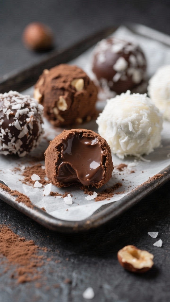 Close-up detail shot: A tray of finished keto chocolate truffle fat bombs in mixed coatings—velvet