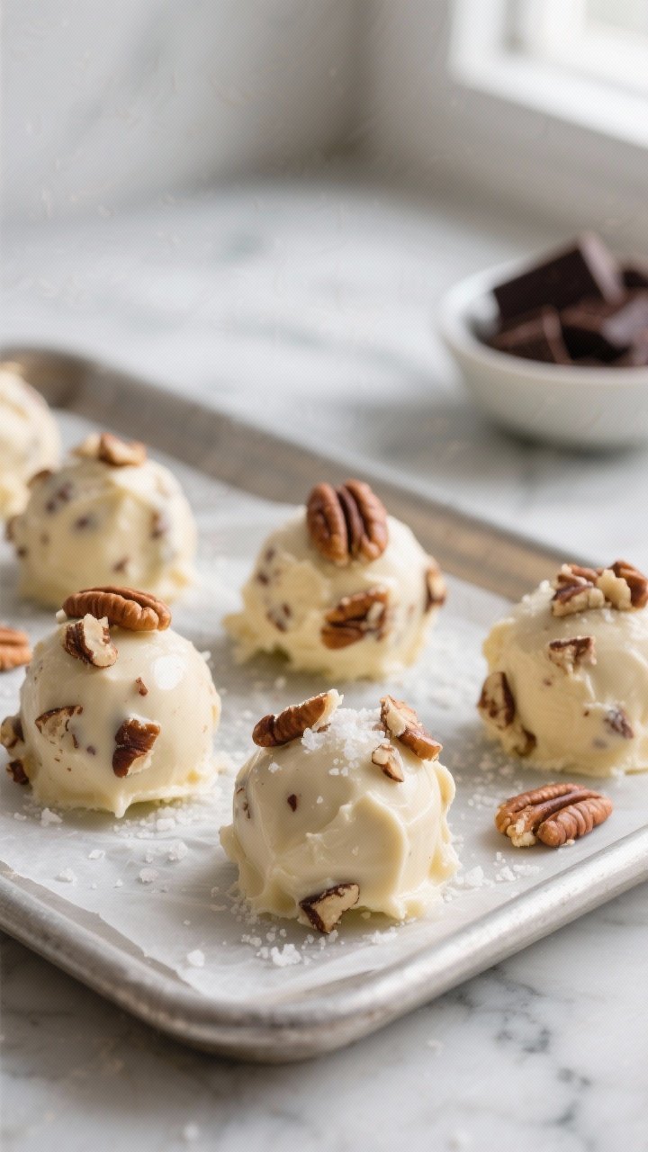 Close-up detail shot: A tray of freshly scooped Keto Maple Pecan Fat Bombs setting on parchment, eac