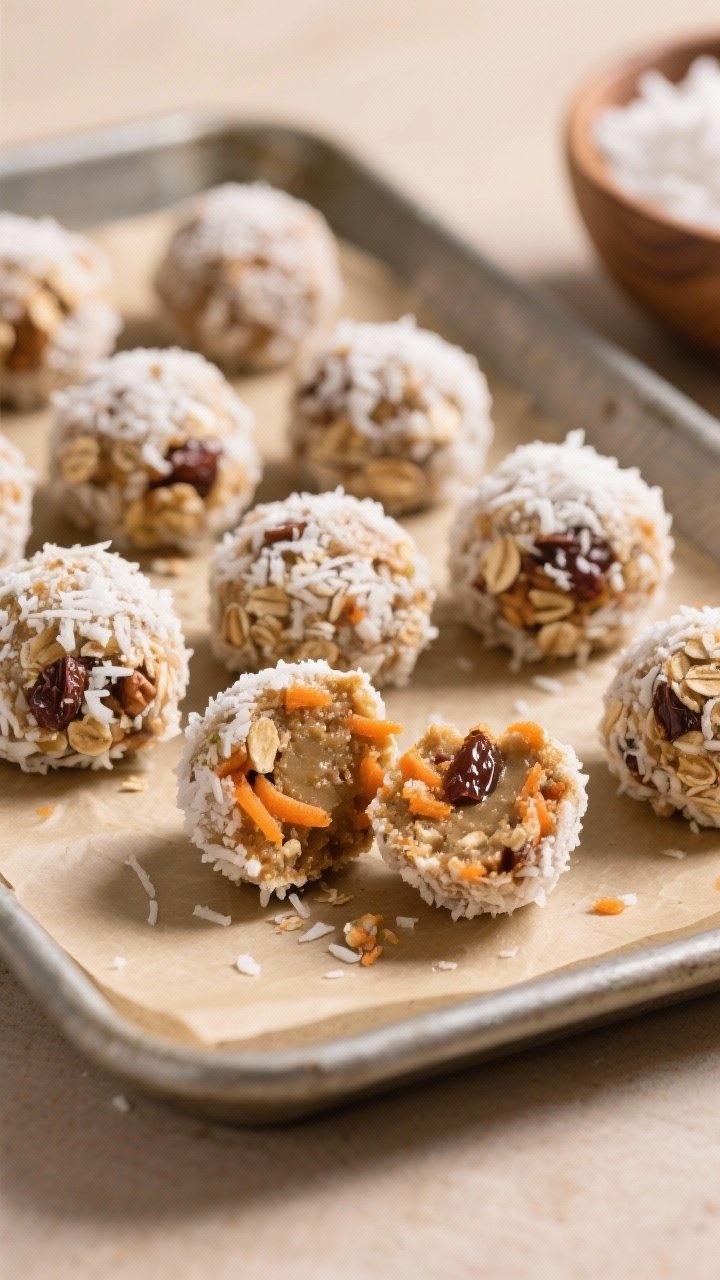 Close-up detail shot: A tray of no-bake carrot cake energy bites just rolled and lightly coated in f