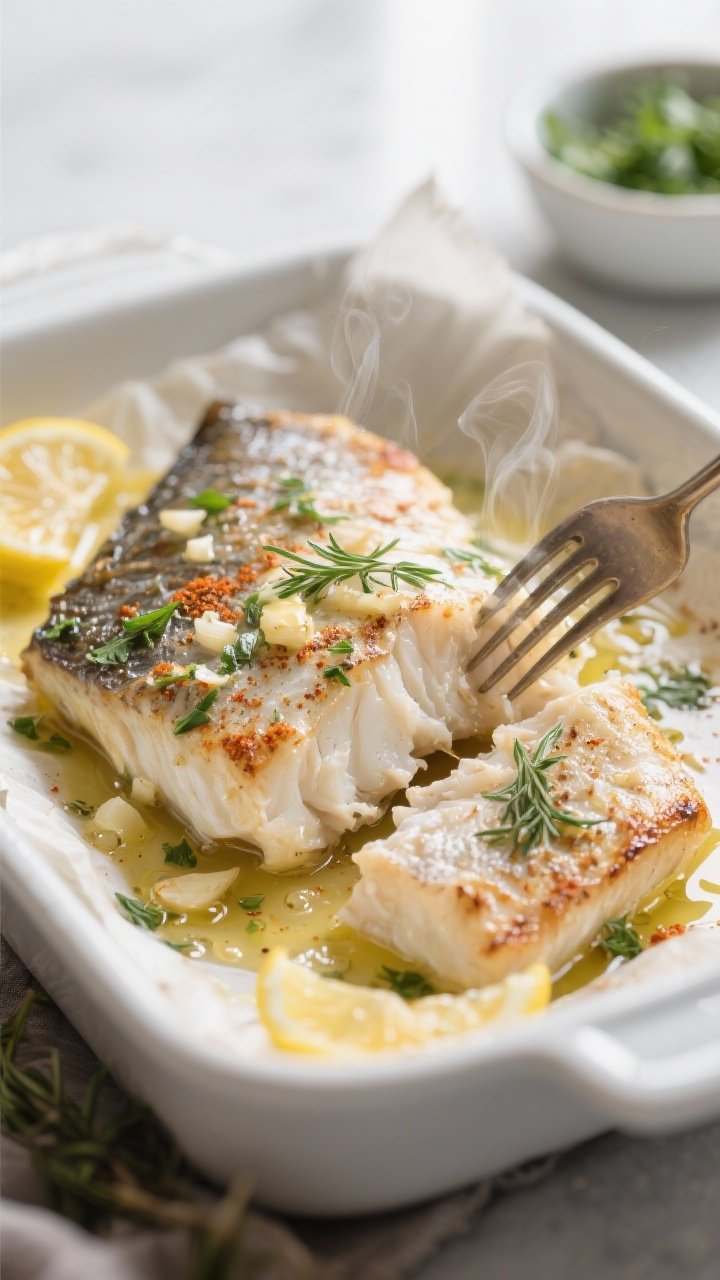 Close-up detail shot: Baked cod just out of the oven in a shallow white baking dish, fillets glisten