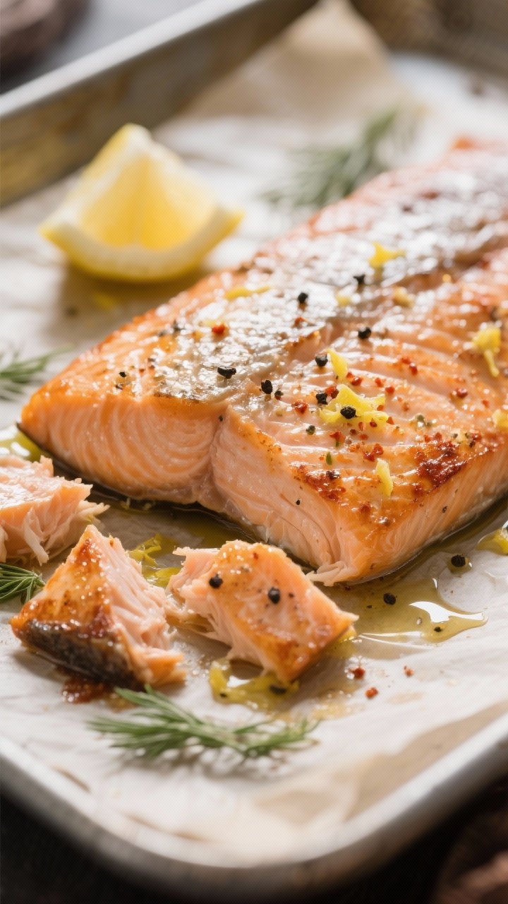 Close-up detail shot: Flaky roasted salmon just out of the oven, gently broken into large, moist fla