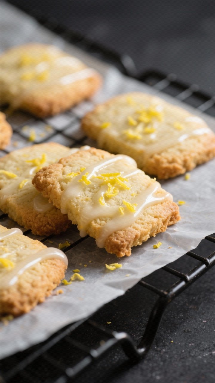 Close-up detail shot: Freshly baked keto lemon almond shortbread cookies cooling on a wire rack, edg