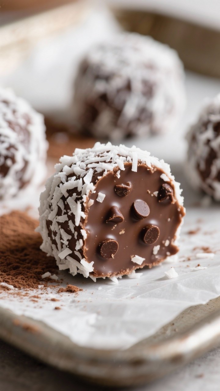 Close-up detail shot of a finished chocolate coconut bite freshly rolled in extra shredded coconut, 