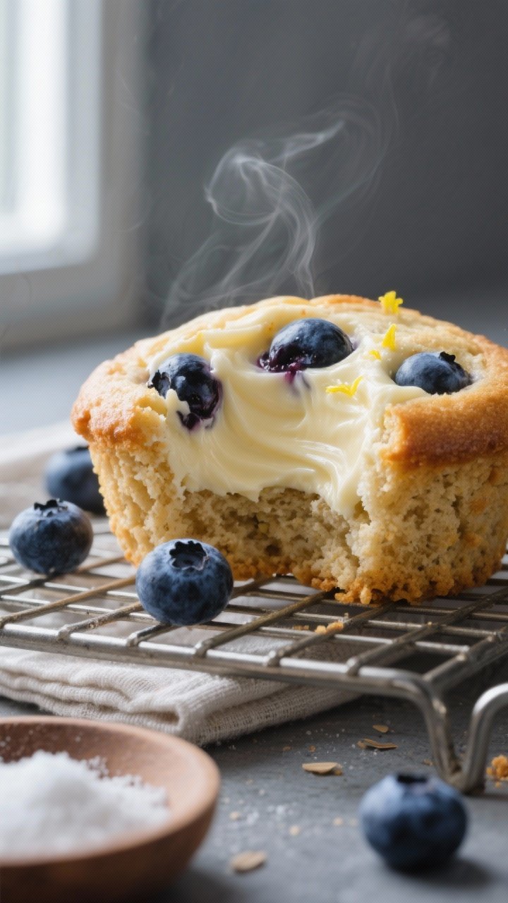 Close-up detail shot of a freshly baked keto blueberry cheesecake muffin torn open to reveal the cre