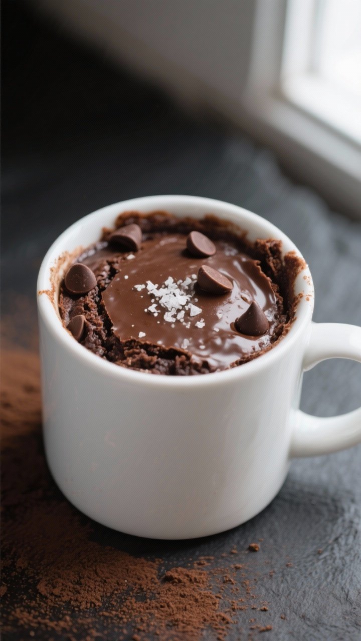 Close-up detail shot of a freshly microwaved keto chocolate mug brownie in a wide, white 12-oz mug, 