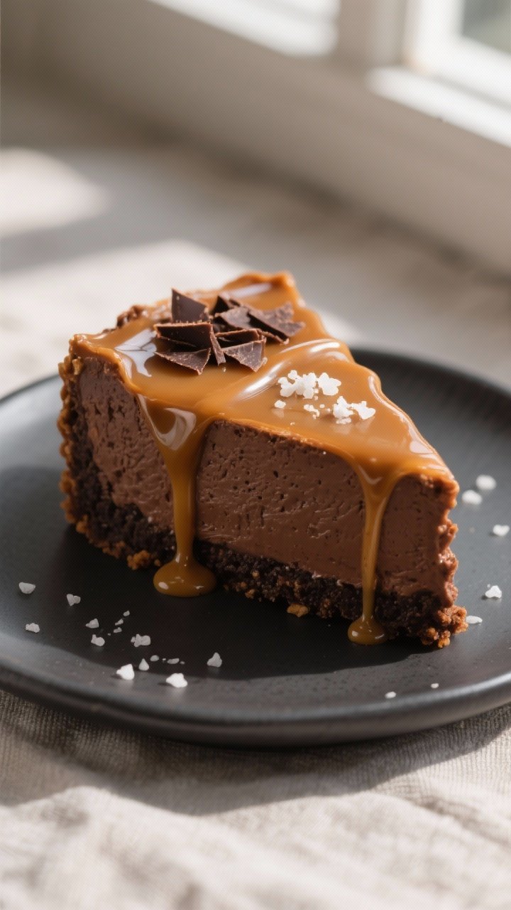 Close-up detail shot of a glossy slice of keto salted caramel chocolate cheesecake just after platin