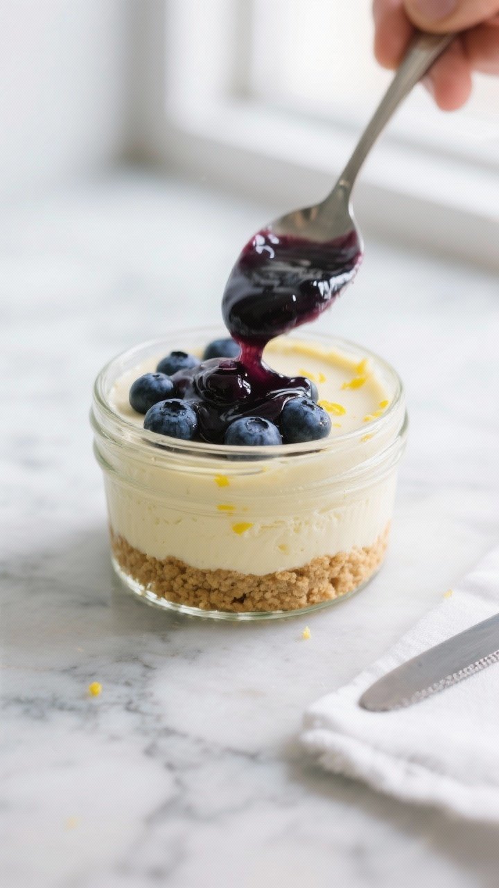 Close-up detail shot of a layered no-bake lemon blueberry cheesecake cup mid-assembly: an even graha