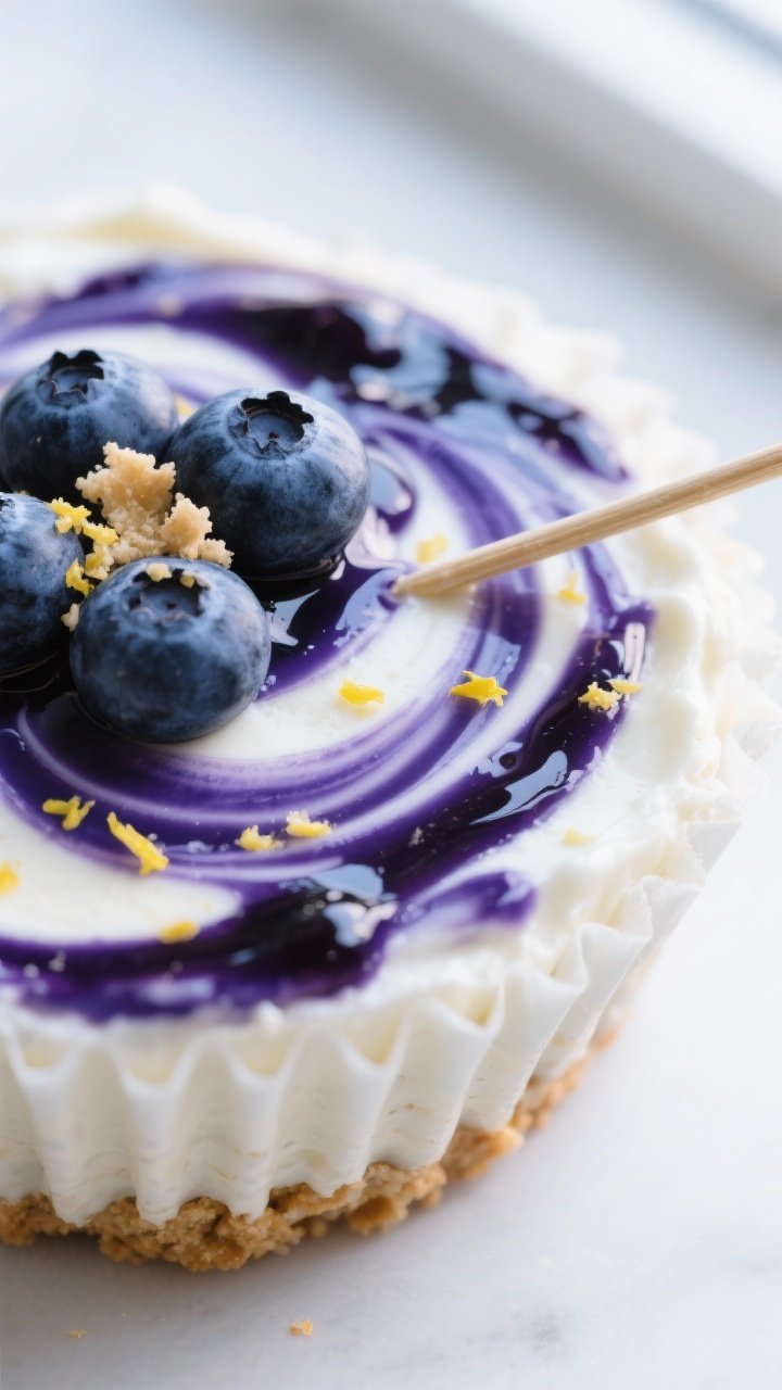 Close-up detail shot of a prepared no-bake blueberry cheesecake protein cup just after swirling: glo