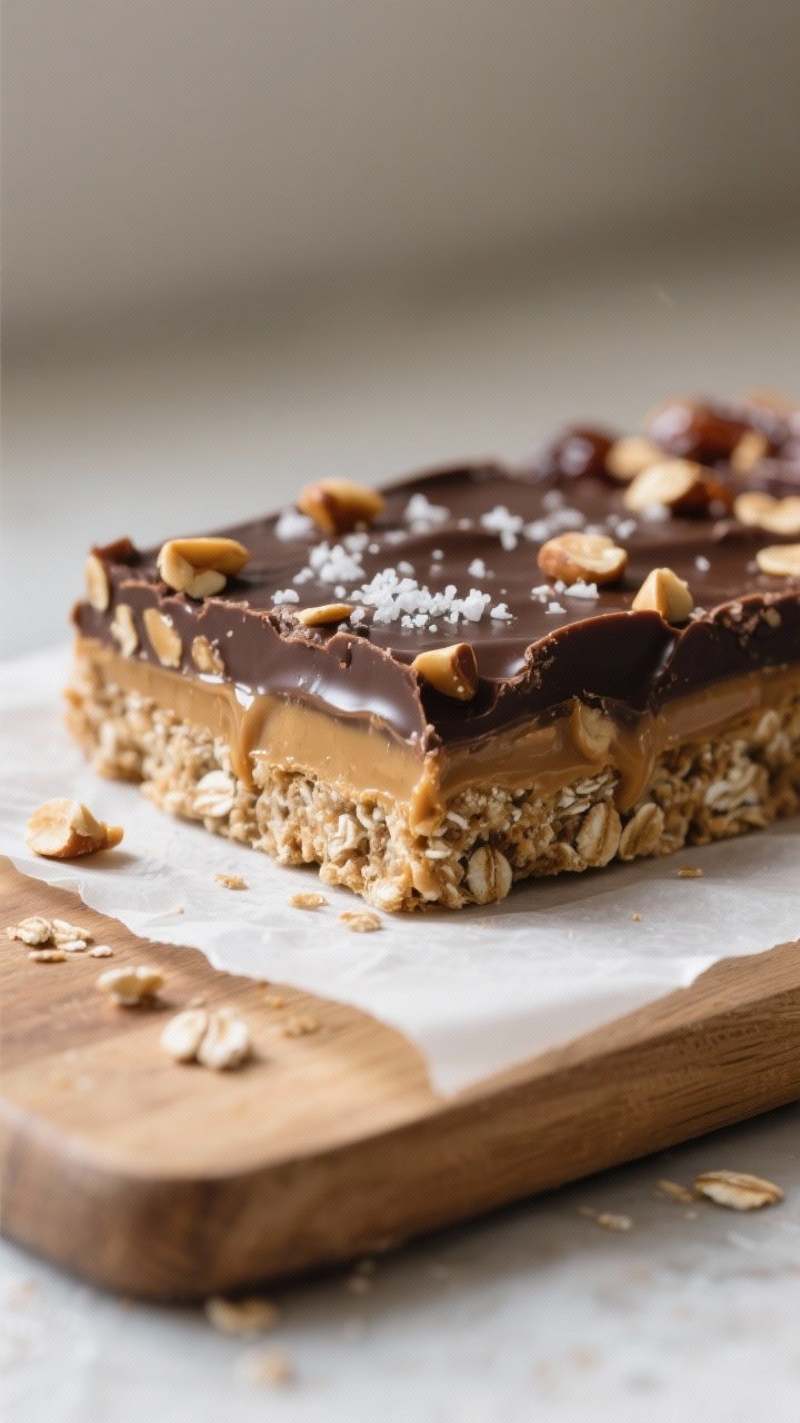Close-up detail shot of a sliced Healthy No-Bake Snickers-Style Date Bar on a parchment-lined cuttin